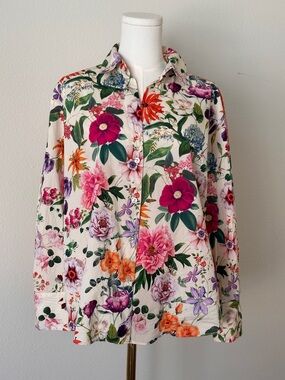 Zara Cream Floral Button-Down with Pink, Purple & Green Print